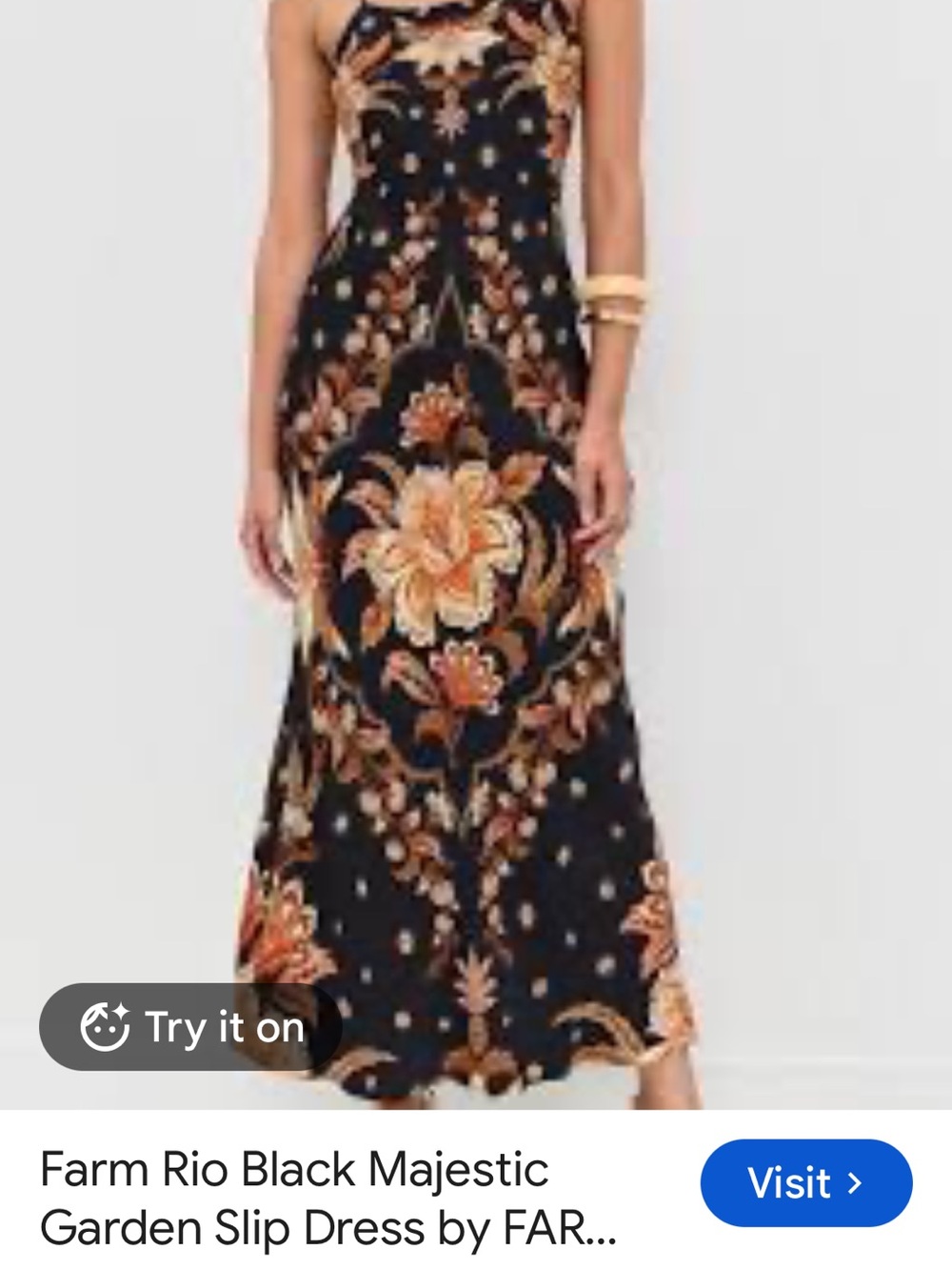 FARM Rio Black Maxi Slip Dress with Gold-Tan Floral Medallion